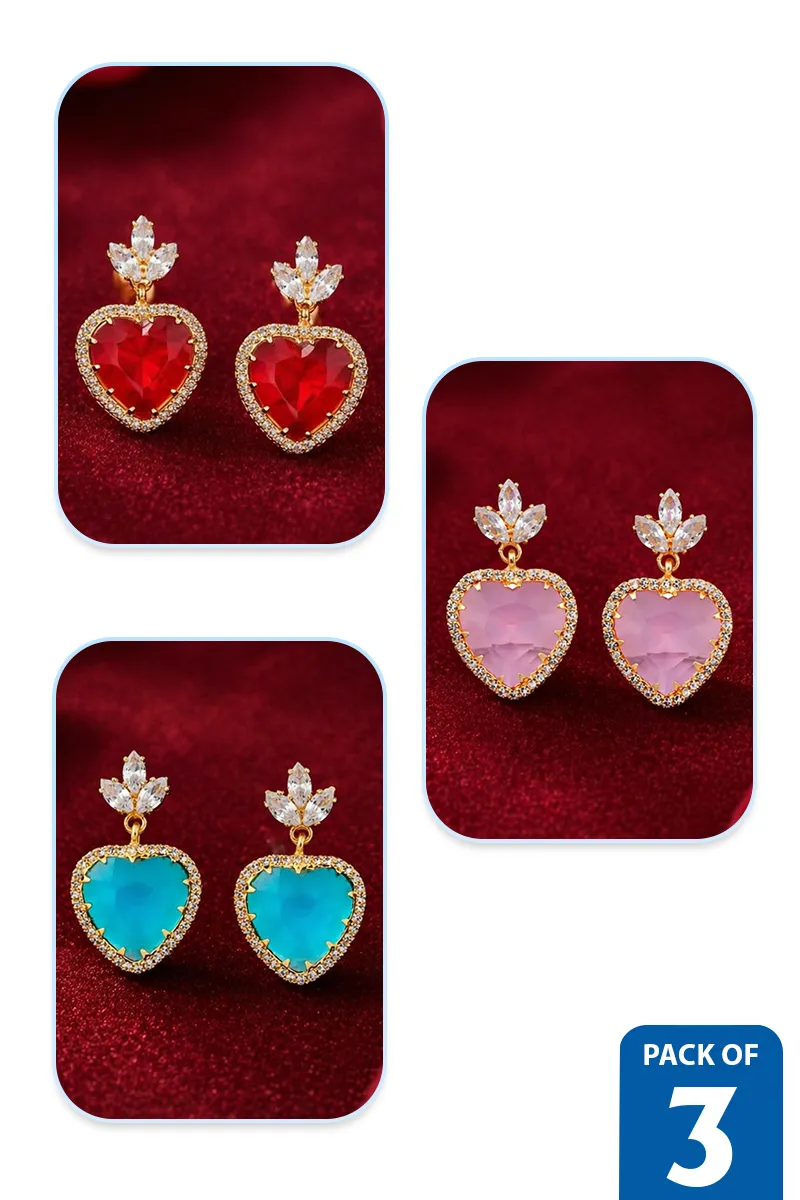 Gold Plated Heart Shaped Dangle Earrings for Women - Pack of 3