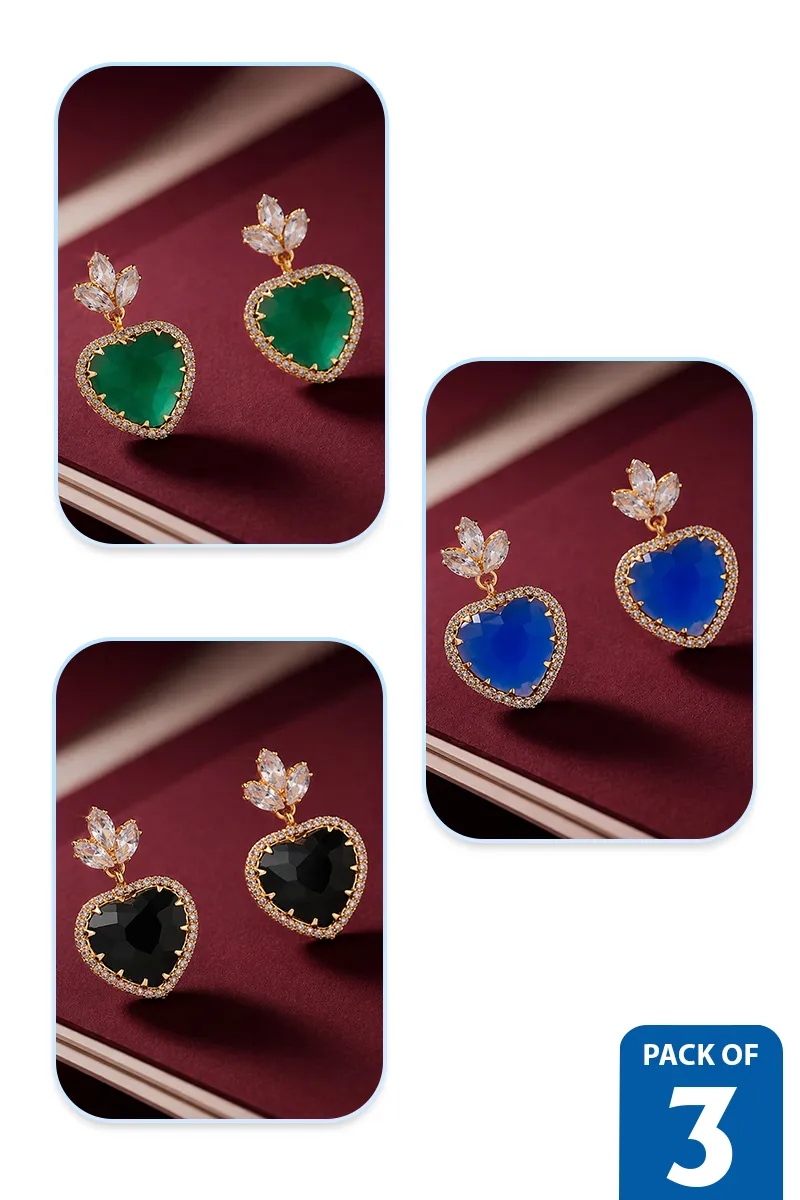 Gold Plated Heart Shaped Dangle Earrings for Women - Pack of 3