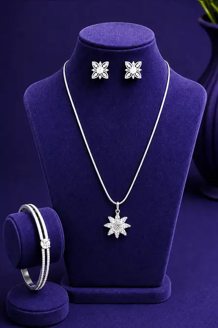 Silver Plated Floral Pendant,  Flower Earrings & CZ Bracelet Combo - Pack of 3