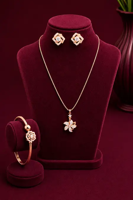 Rose Gold Floral Pendant, Flower Stud Earrings & Kada Bracelet Combo - Pack of 3