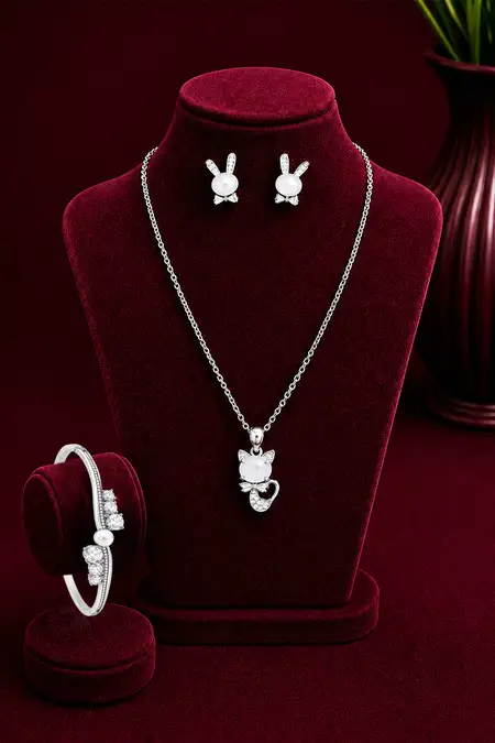 Cubic Zirconia Cat Pendant, Bunny Pearl Earrings & Pearl Bracelet Combo - Pack of 3