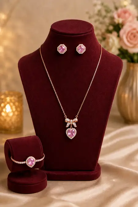 Rose Gold Heart Pendant, Halo Stud Earrings & Teardrop Bracelet Combo - Pack of 3