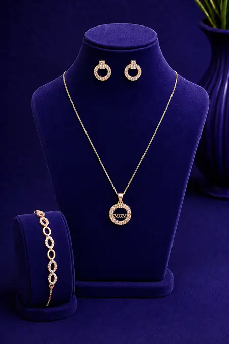 Gold Plated Mom Pendant Chain, Circle Stud Earrings & CZ Bracelet Combo - Pack of 3