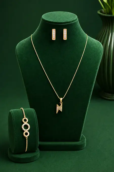 Gold Plated Thunder Pendant Chain, Hoop Earrings & Circle Charm Bracelet Combo - Pack of 3