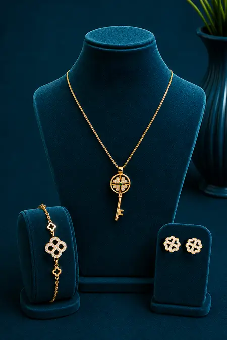 Gold Plated Key Pendant, Floral Stud Earrings & Flower Charm Bracelet Combo - Pack of 3
