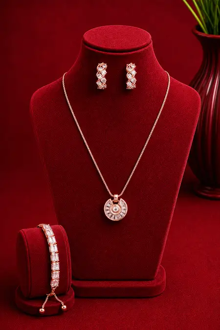Rose Gold Round Pendant, Hoop Earrings & Adjustable Tennis Bracelet Combo - Pack of 3