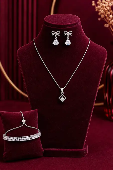 Silver Square Pendant, Adjustable Tennis Bracelet & Bowknot Triangle Earrings Combo - Pack of 3