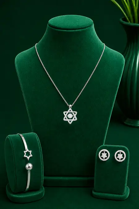 Silver Star Dancing Stone Pendant, Star Kada & CZ Charm Stud Earrings Combo - Pack of 3