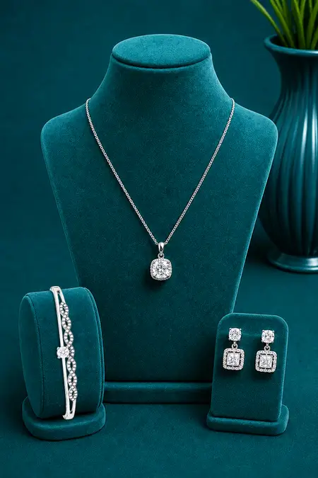 Silver Cushion-Cut Pendant, White Zircon Bracelet & Square Drop Earrings Combo - Pack of 3
