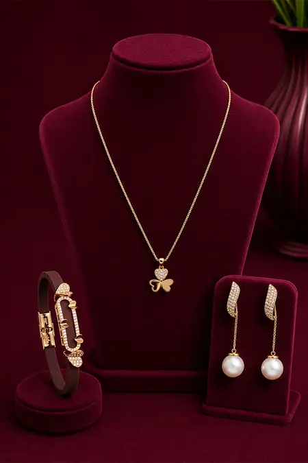 Gold Triple Heart Pendant, Heart Crystal Bracelet & Pearl Drop Earrings Combo - Pack of 3