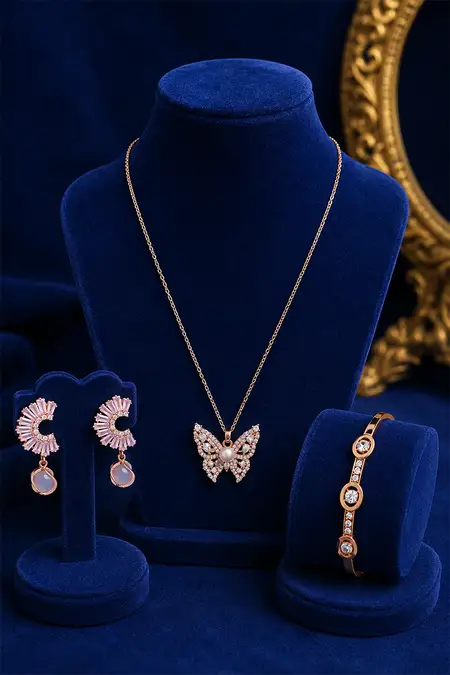 Rose Gold Butterfly Pendant, Crystal Bangle & White Zircon Dangle Earrings Combo - Pack of 3