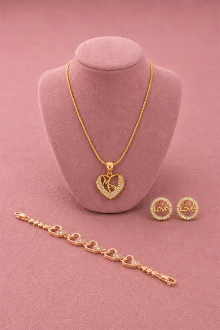 Gold Mom Heart Pendant, Heart Link Bracelet & Love Stud Earrings Combo - Pack of 3