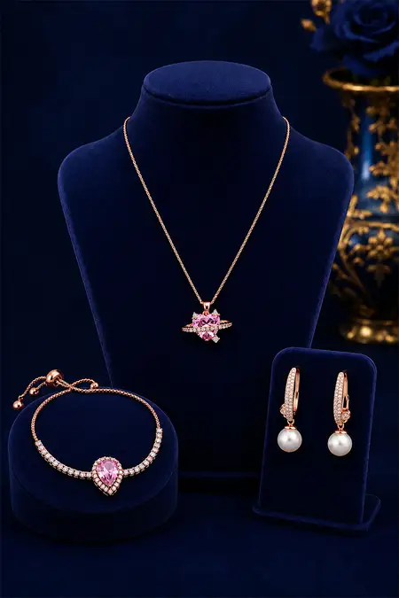 Rose Gold Heart Pendant, Teardrop Gemstone Bracelet & Pearl Drop Hoop Earrings Combo - Pack of 3