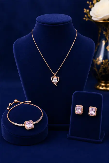 Rose Gold Heart Pendant, Square-Cut Stone Bracelet & Rectangle Stud Earrings Combo - Pack of 3
