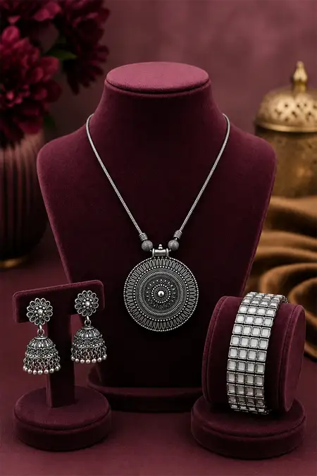 Antique Oxidized Silver Circular Pendant, Kundan Bracelet & Floral Jhumki Earrings Combo - Pack of 3