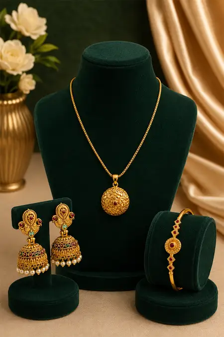 Gold Circular Pendant, Floral Cuff Bracelet & Peacock Jhumki Earrings Combo - Pack of 3