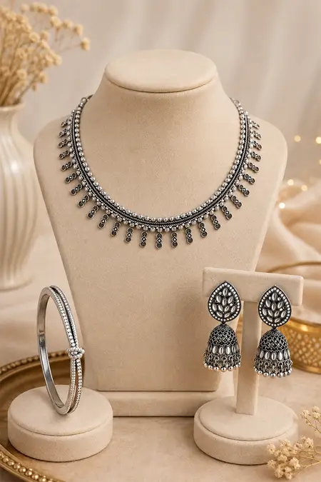 Oxidized Silver Necklace, White Zircon Bracelet & Paisley Jhumki Earrings Combo - Pack of 3