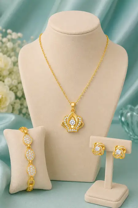 Gold Crown Pendant, Oval CZ Link Bracelet & Crystal Knot Earrings Combo - Pack of 3