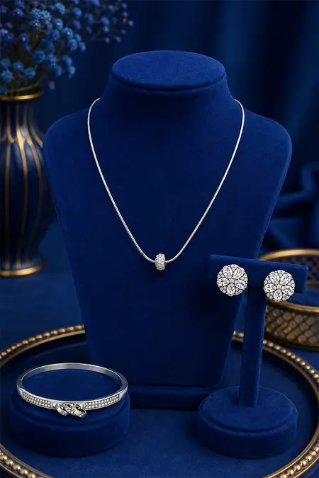 Silver Rolling Pendant, Two Ring Friendship Bracelet & Floral Stud Earrings Combo - Pack of 3