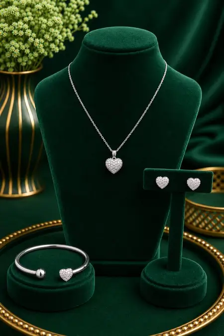Silver Heart Necklace with Earrings & Open Kada Bracelet Combo - Pack of 2