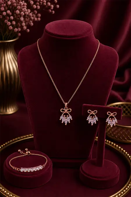 Rose Gold Bow Necklace with Earrings & Adjustable Bracelet Combo - Pack of 2