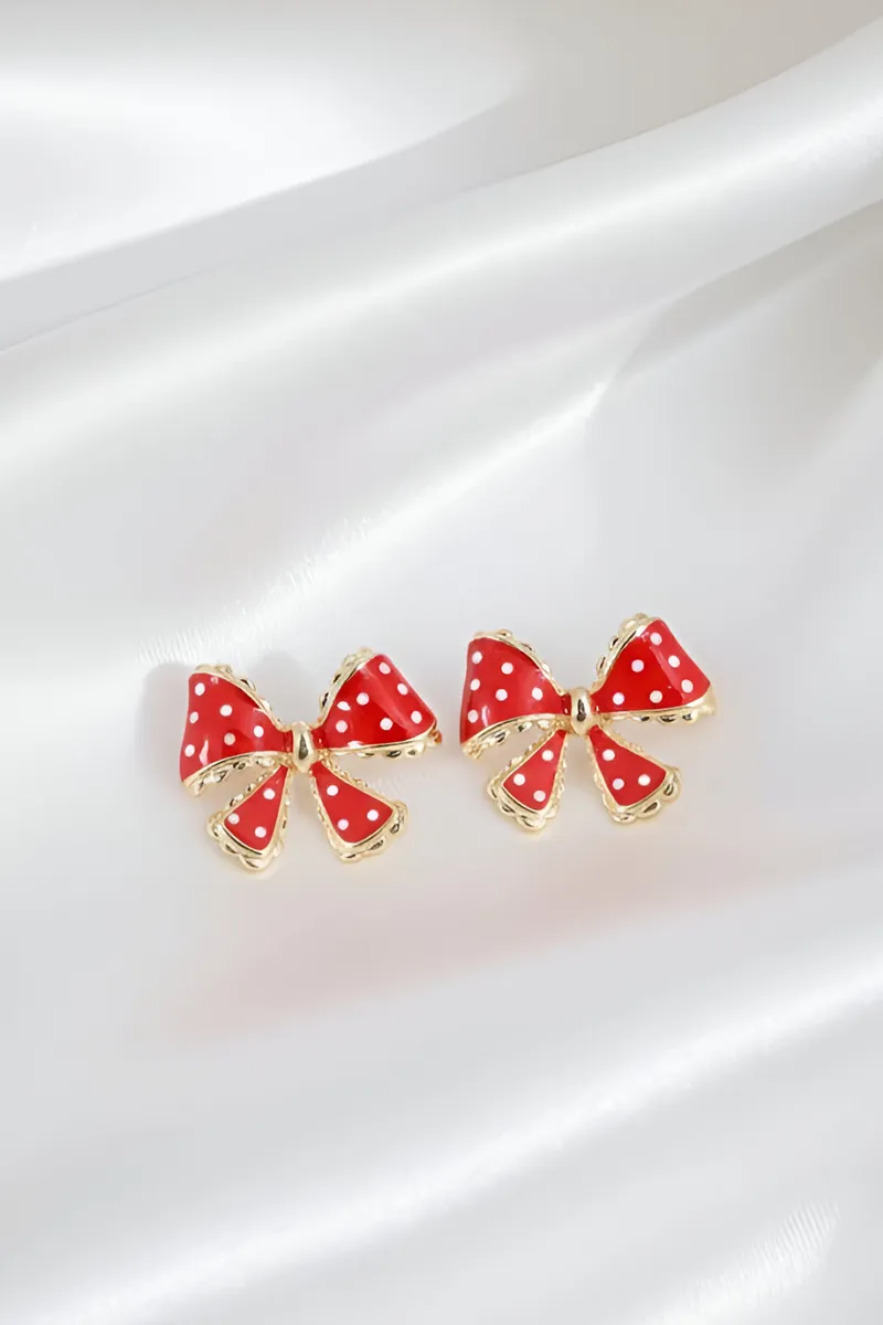 Polka Dot Bow Shape Stud Earrings for Women JWE0000024RED