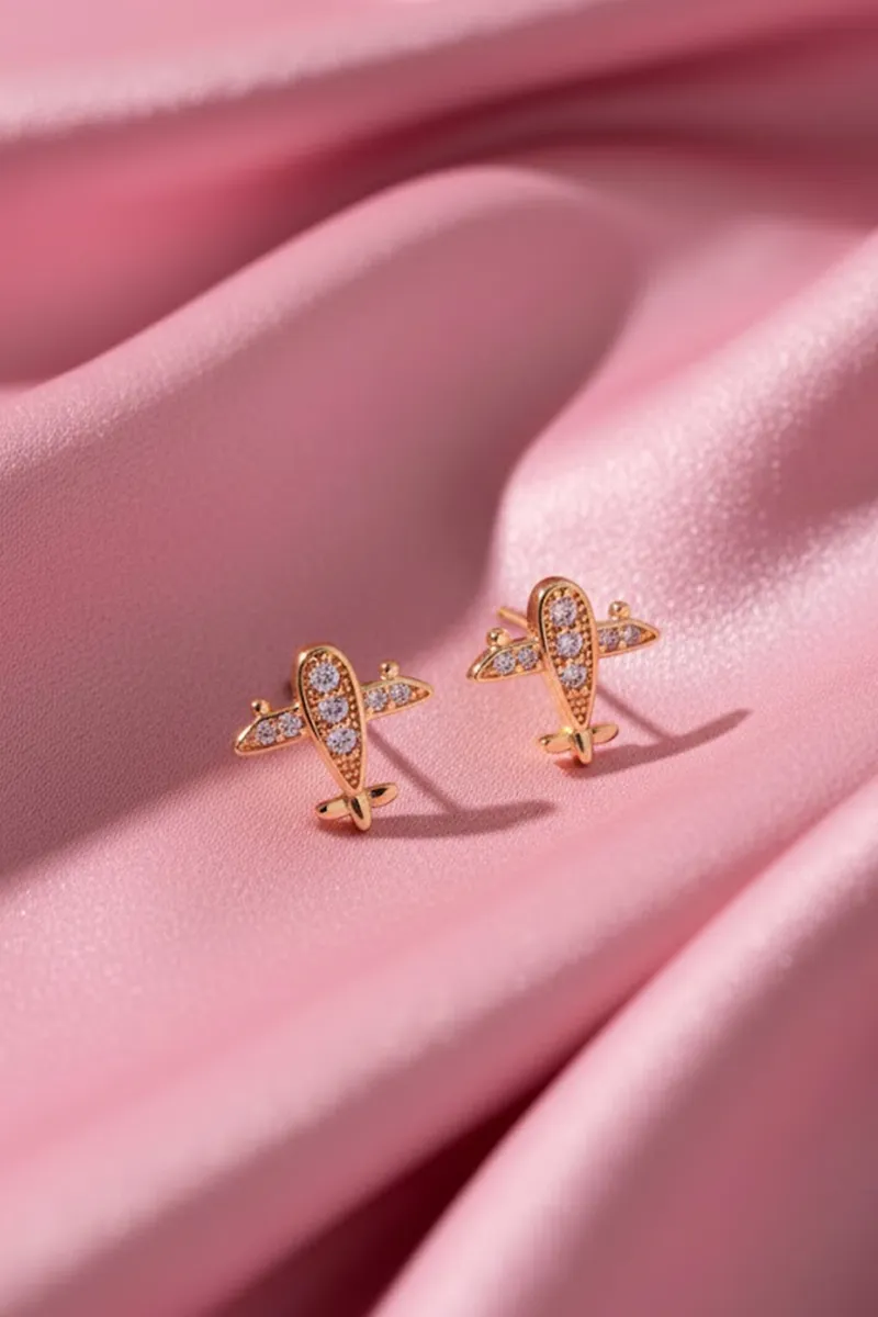 Gold Airplane Stud Earrings for Women & Girls