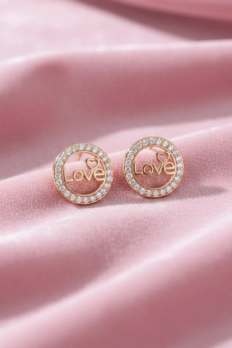 Gold Round "Love" Stud Earrings with CZ Stone for Women & Girls JWE0000050GOL