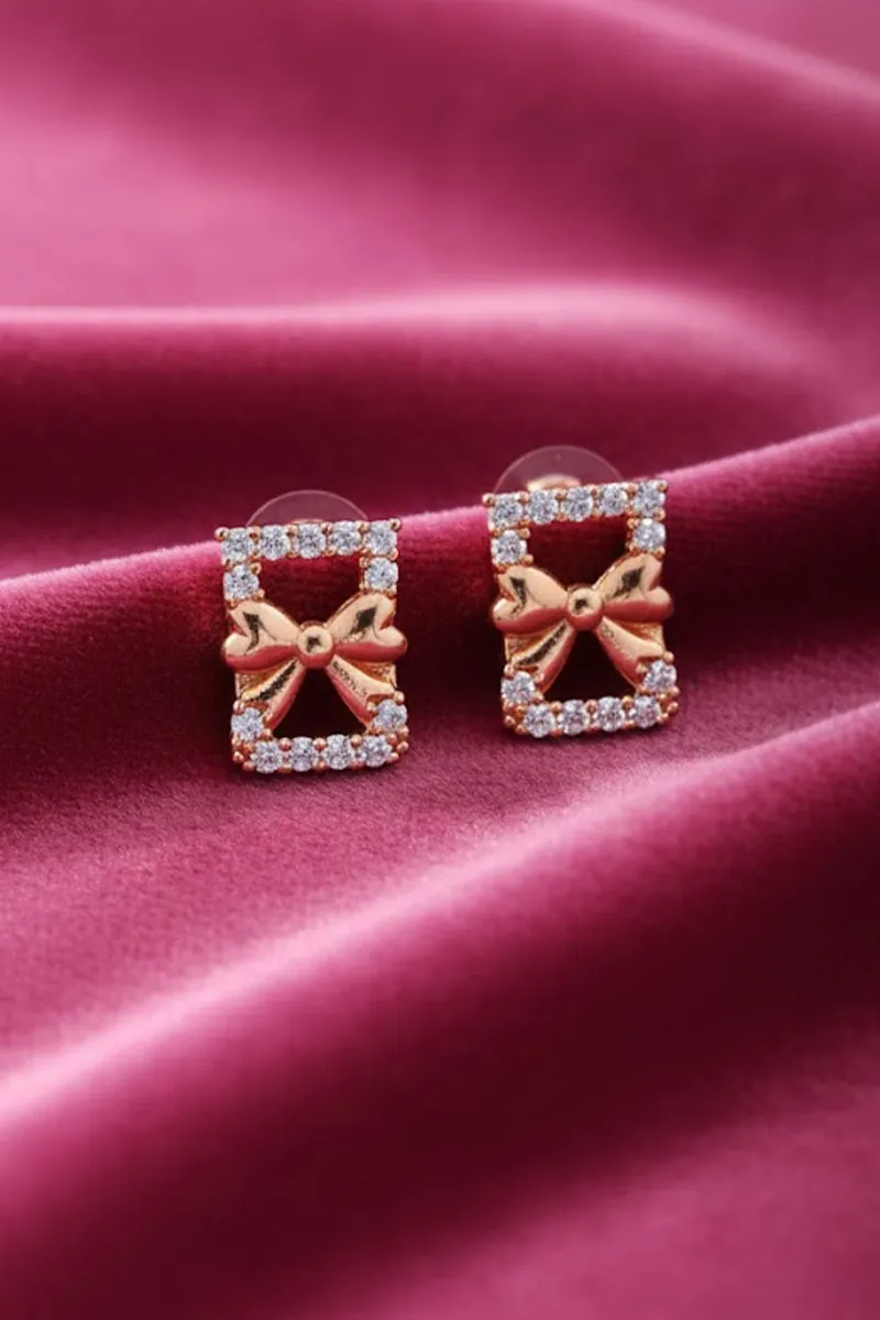 Rectangle with Bow Design Stud Earrings for Women & Girls
