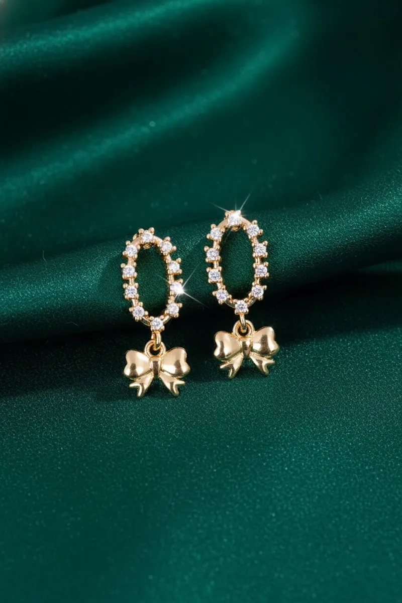 Gold Oval Design Bow Drop Earrings for Women & Girls