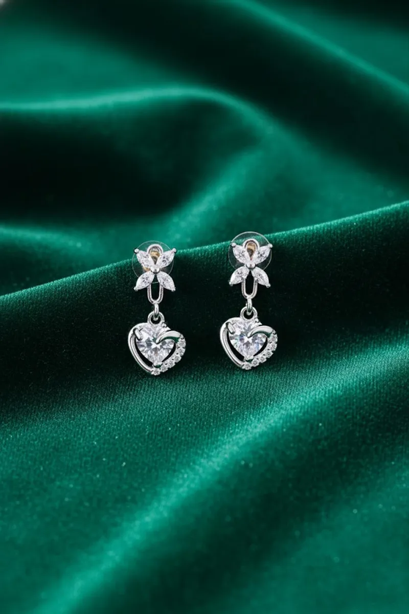 Silver Flower Stud Heart Drop Earrings for Women & Gilrs