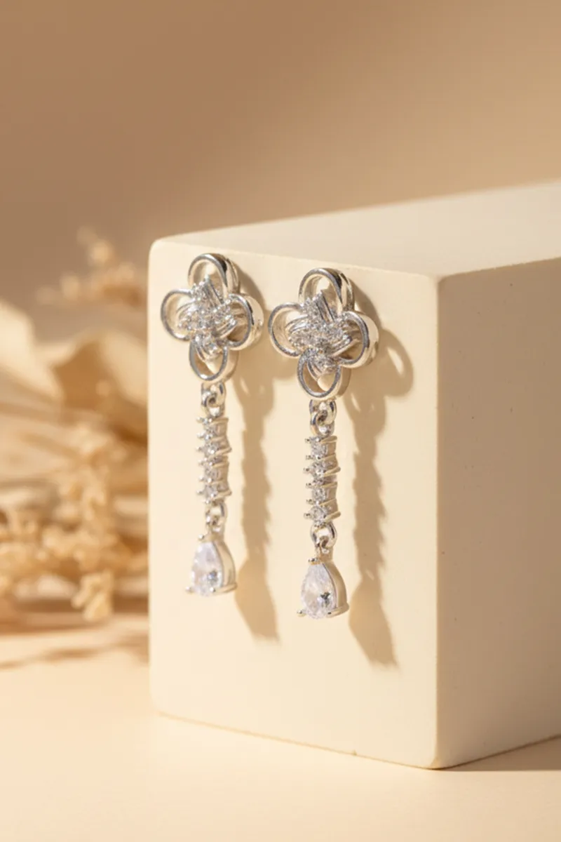 Silver Four Leaf Clover Drop Earrings for Women & Girls