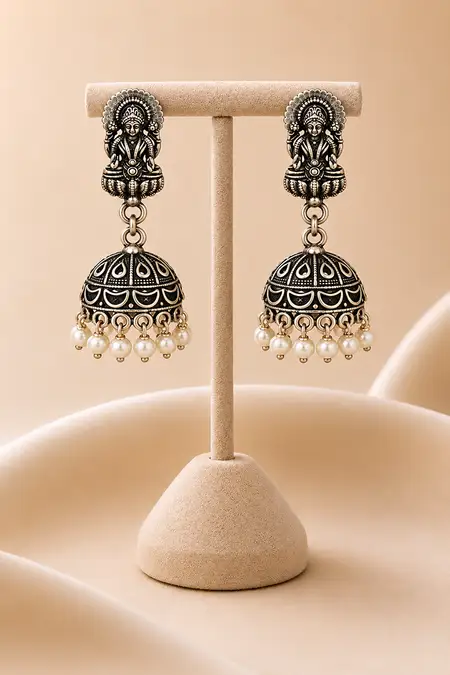 Oxidised Lakshmi Motif Jhumka Earrings for Women