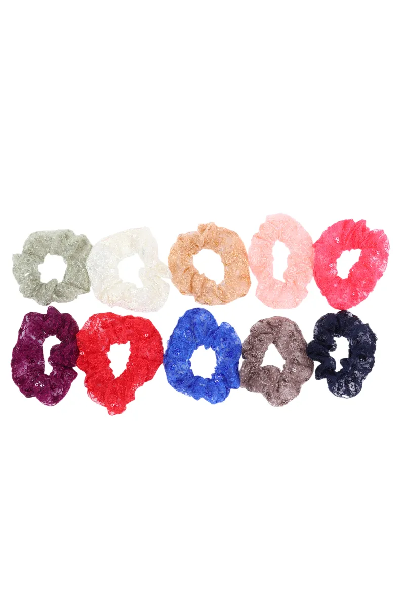 Pack of 10 Assorted Lace Sequin Scrunchies for Girls
