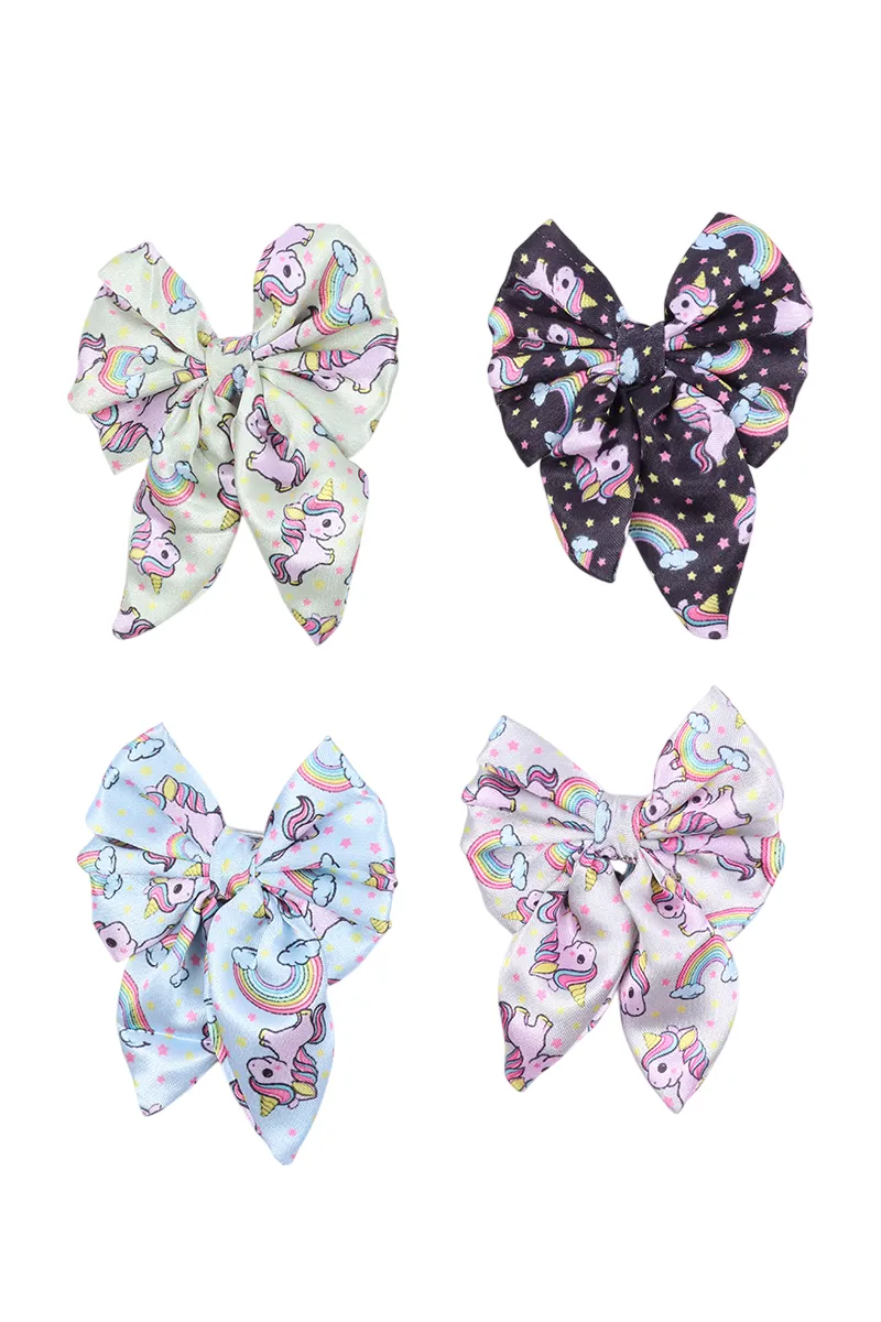 Unicorn Printed Satin Bow Alligator Clips For Women & Girls - Pack of 4