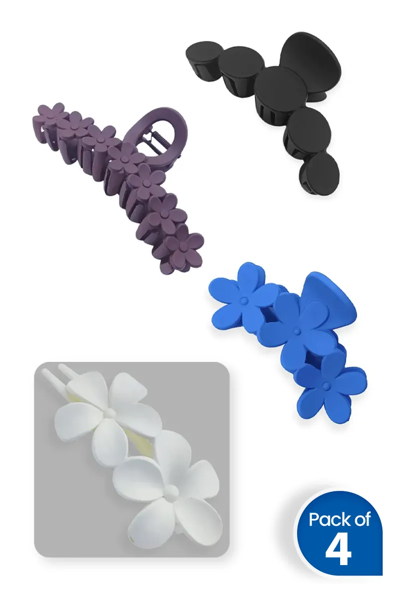 Pack of 4 Matte Hair Claw Clips for Women - Assorted Designs