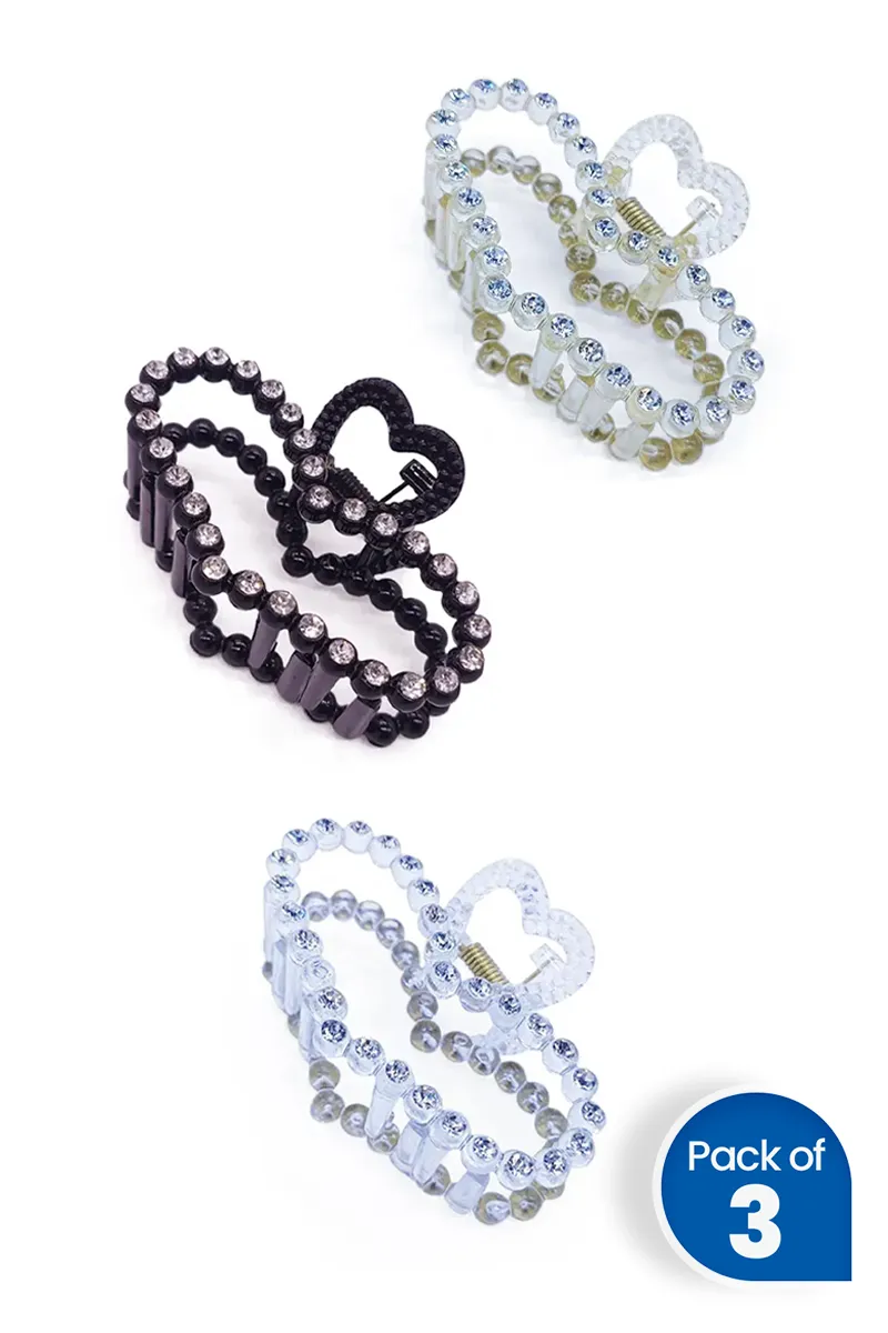 Pack of 3 Small Heart Rhinestone Hair Claw Clips for Women JWHCOMBO0003MUL