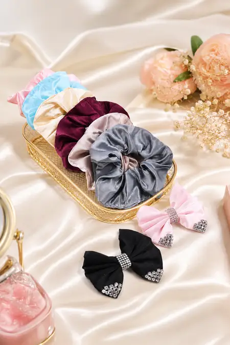 Pack of 2 Satin Scrunchies & Bow Hair Clips Combo for Women