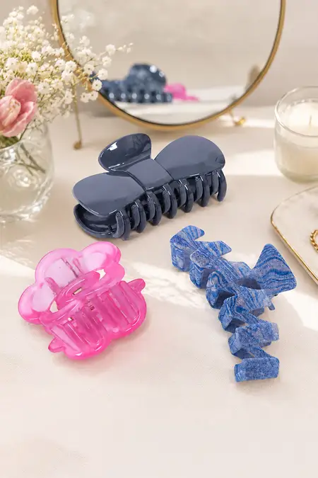 Bow, Floral & Velvet Zigzag Hair Claw Clips for Women & Girls - Pack of 3