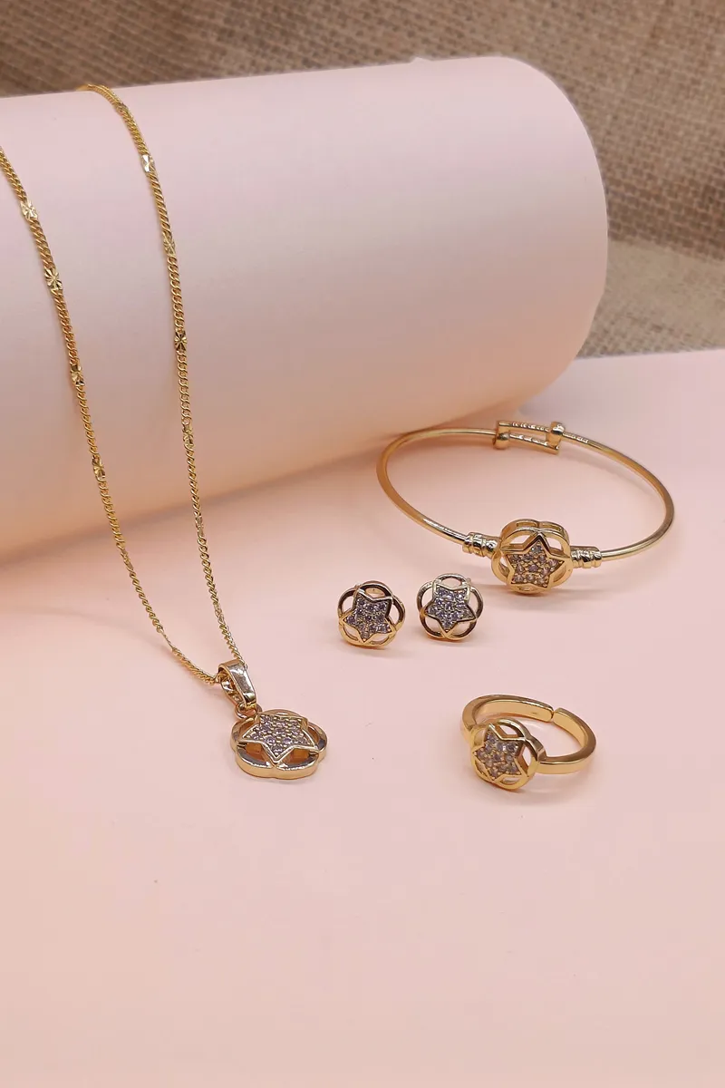 Girls Diamond Jewellery Set Star Floral Pendent Chain Ring Ear Ring & Bracelet JWNS00004GOL
