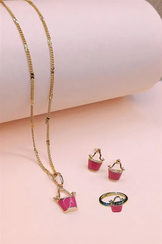 Girls Enamel Jewellery Set Pink Basket Pendent Chain Ring & Ear rings JWNS00005GOLPIN