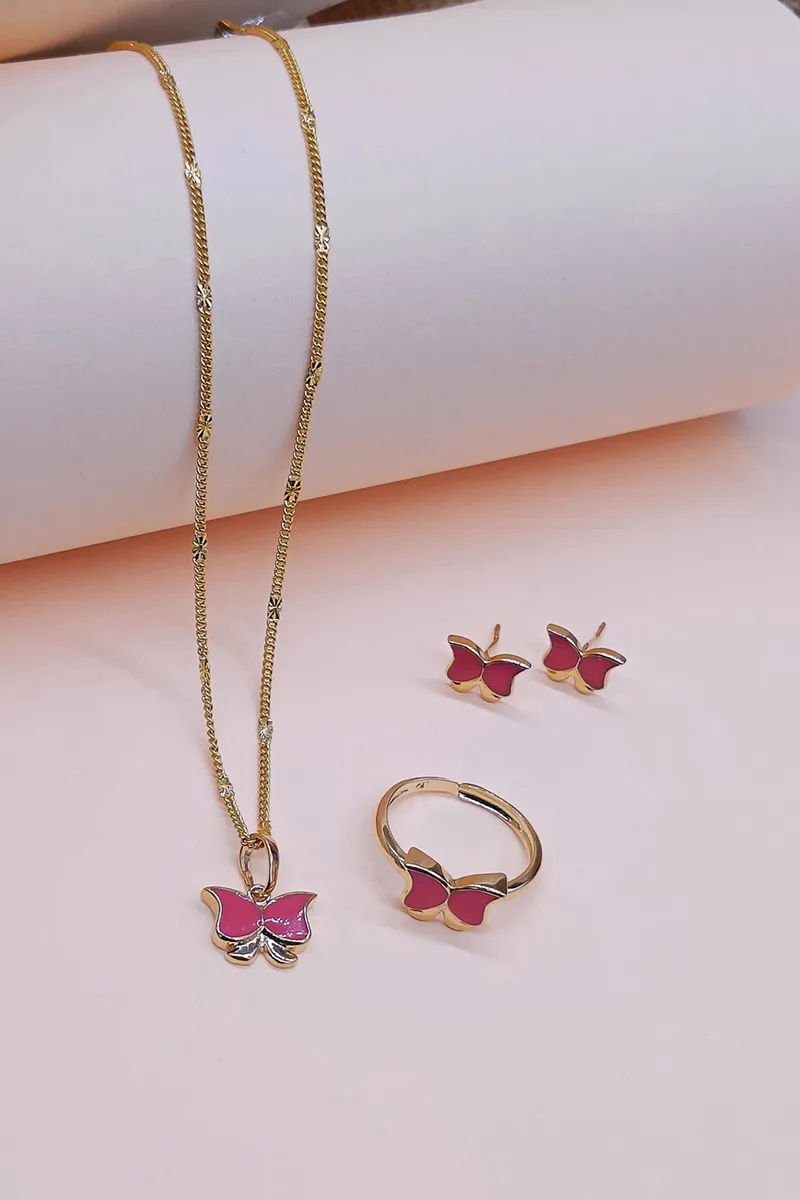 Girls Enamel Jewellery Set Butterfly Pendent Chain Ring & Ear rings JWNS00007GOLPIN