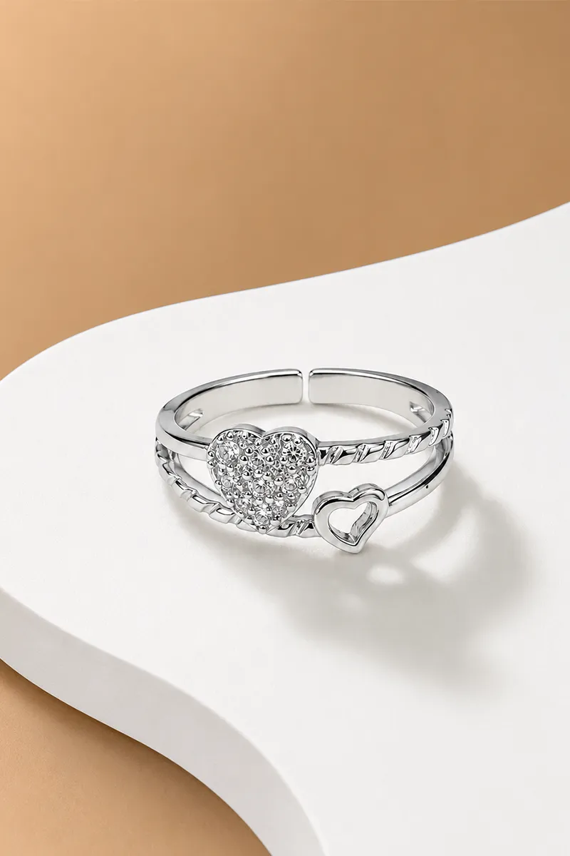 Silver Double Heart Adjustable Ring for Women & Girls