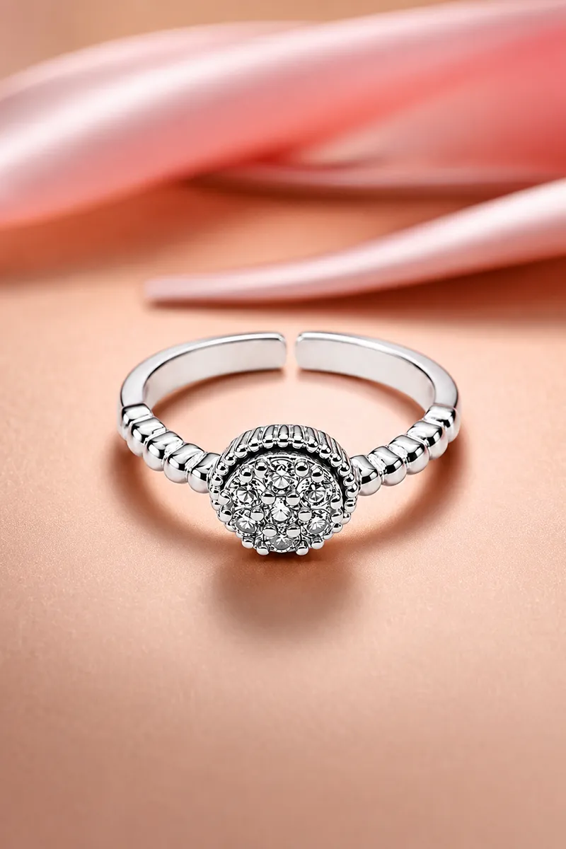 Silver Round Stone Adjustable Ring for Women & Girls