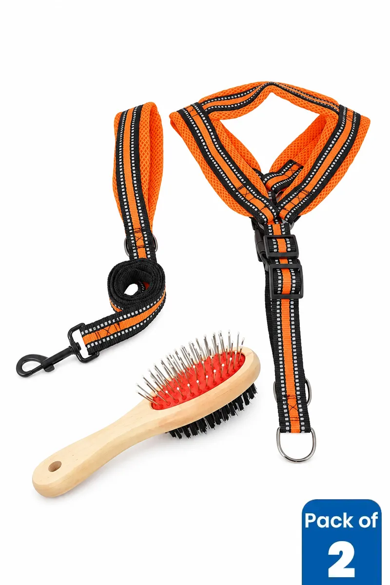 Dog Harness & Leash with Double Sided Grooming Brush Combo - Pack of 2