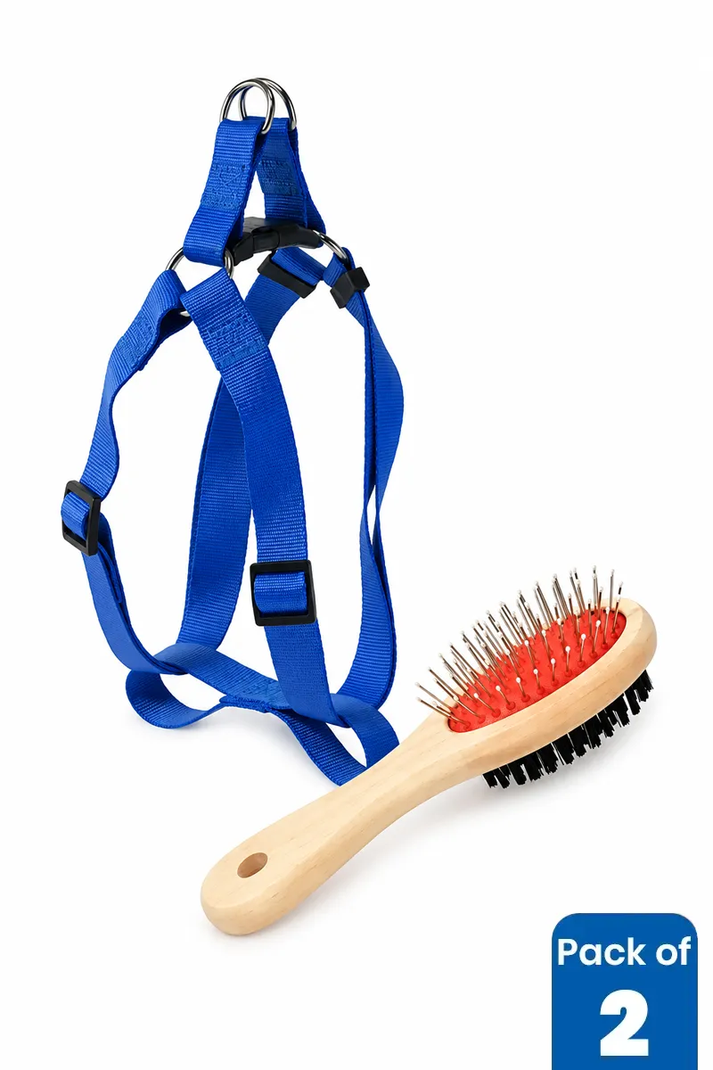 Dog Harness & Leash with Double Sided Grooming Brush Combo - Pack of 2