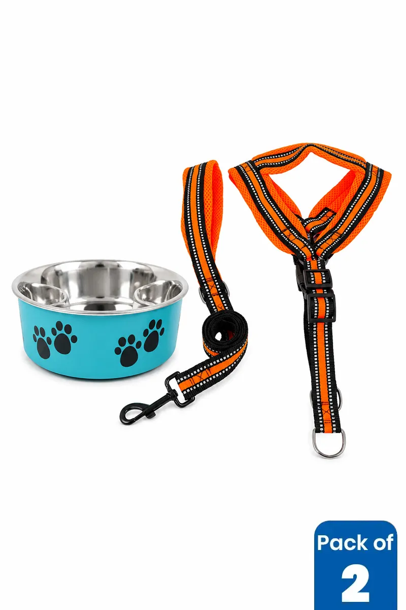 Stainless Steel Dog Feeding Bowl & Rope Leash Combo - Pack of 2