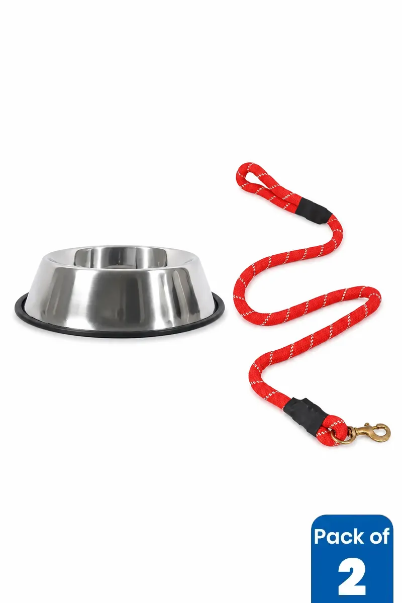 Stainless Steel Dog Feeding Bowl & Rope Leash Combo - Pack of 2