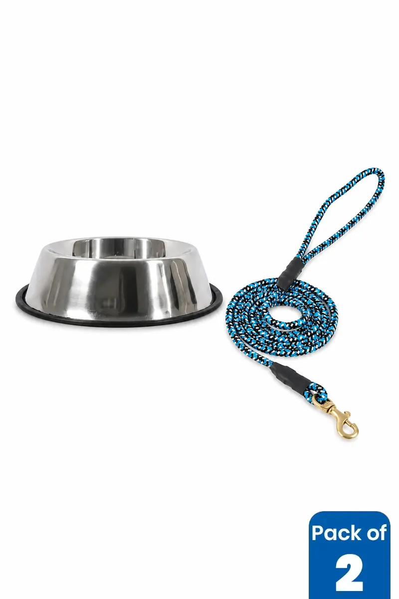 Stainless Steel Dog Feeding Bowl & Rope Leash Combo - Pack of 2