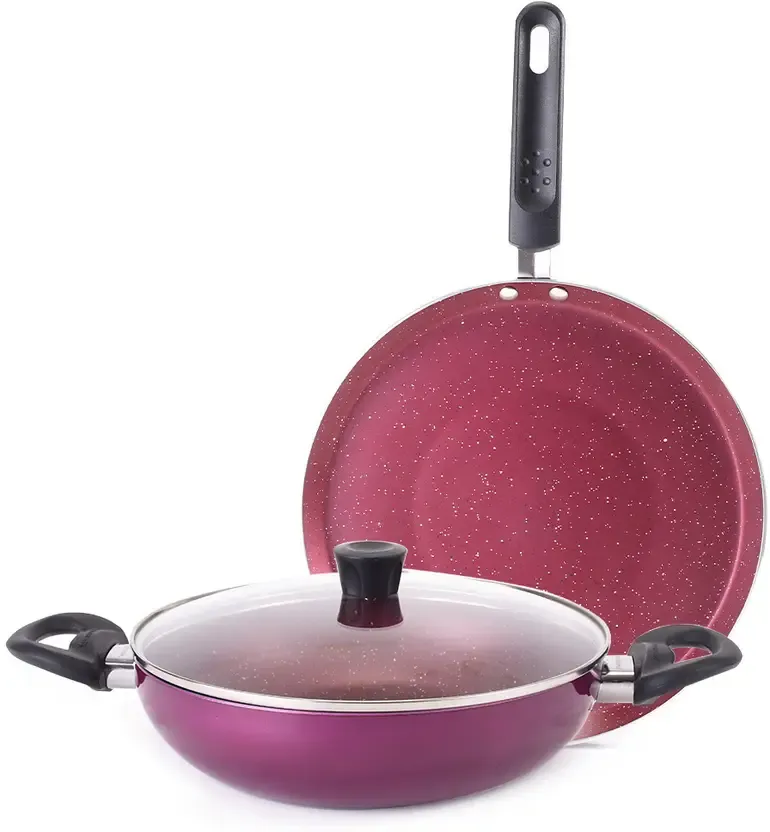 Wonderchef Aluminium Kadai with Lid (24 Cm) and Tawa (28 Cm) - Red & Purple POHK0812REDPUR - PORUR